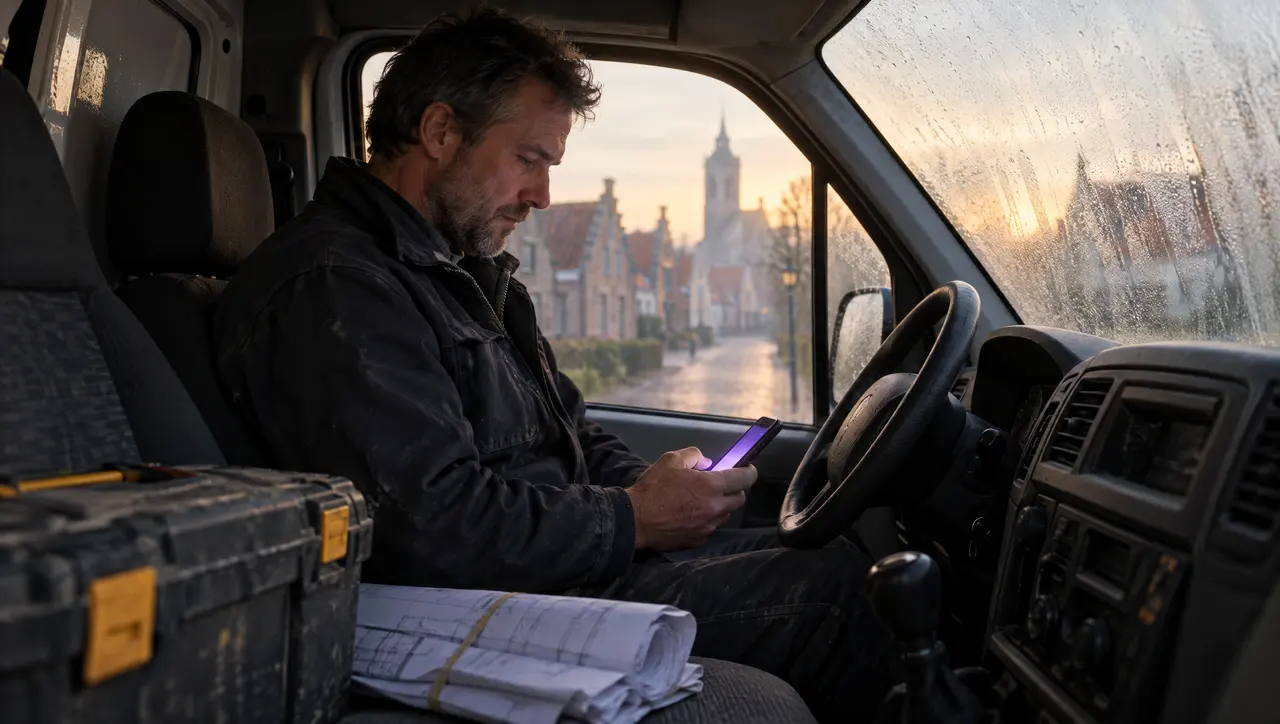 Een vakman leest zijn gsm in de bestelwagen bij dageraad, buiten een Vlaamse straat met een kerktoren.