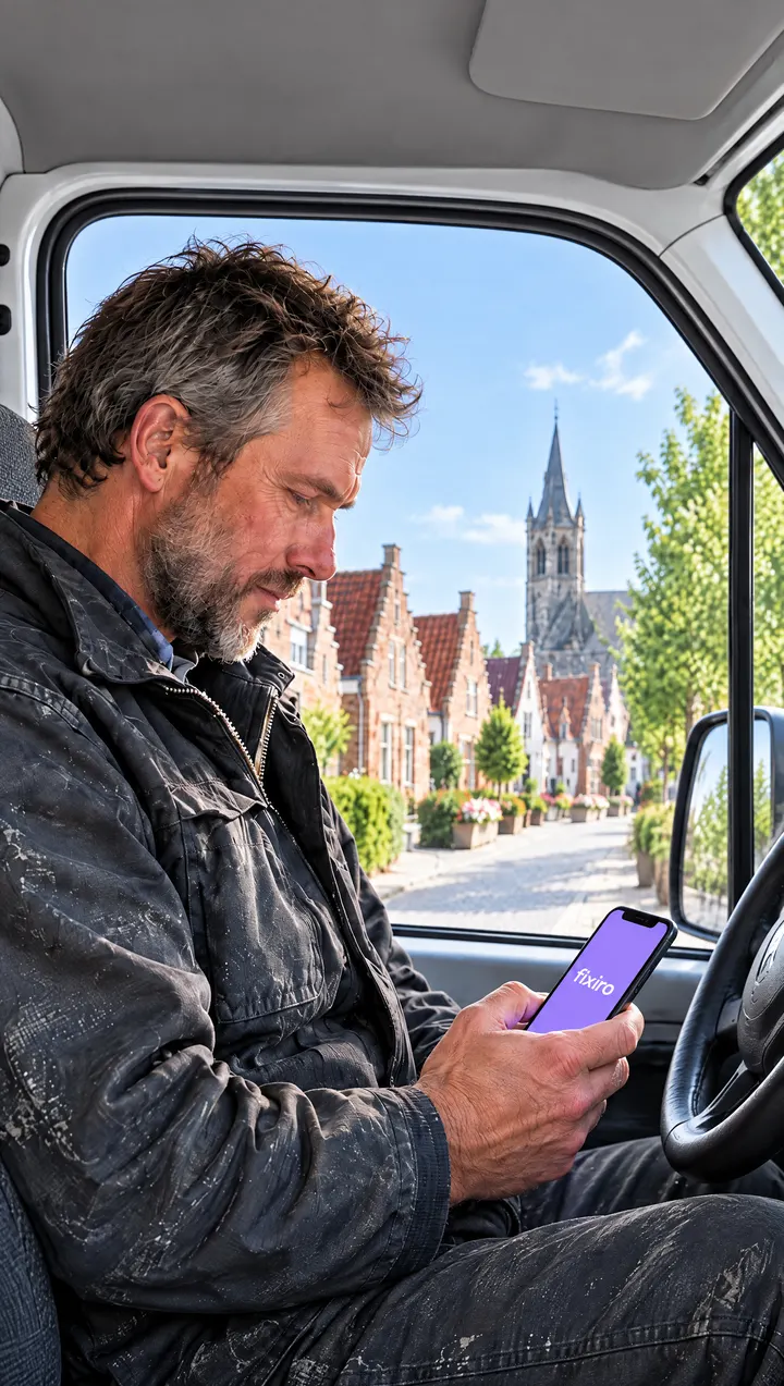 Een vakman leest zijn gsm in de bestelwagen; buiten een Vlaamse straat met een kerktoren.