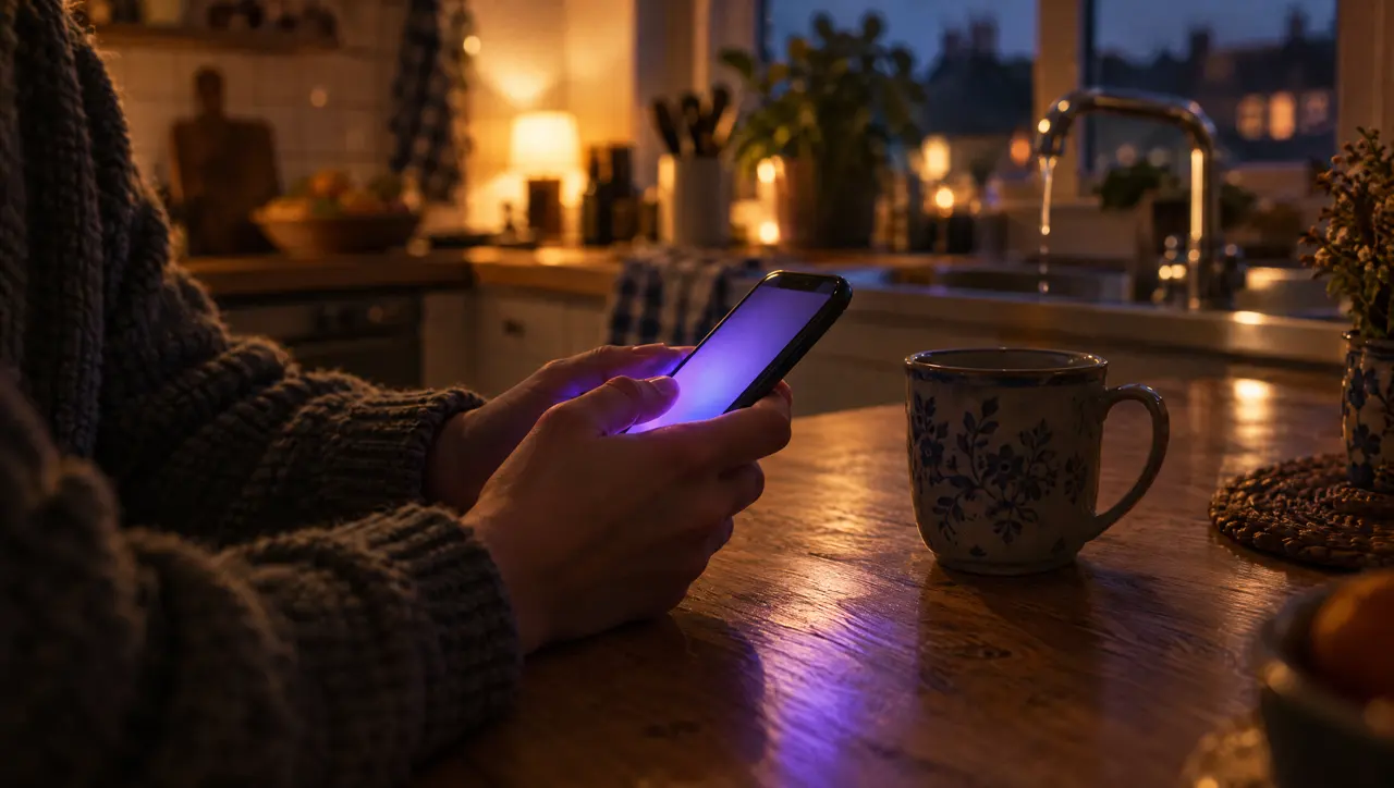 Handen met een gsm die violet oplicht aan de keukentafel, 's avonds; achteraan drupt de kraan.