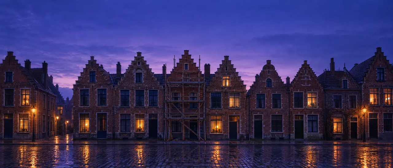 Een Vlaamse straat met trapgevels bij het blauwe uur, in de regen. Achter enkele ramen brandt licht, één huis staat in de stelling.