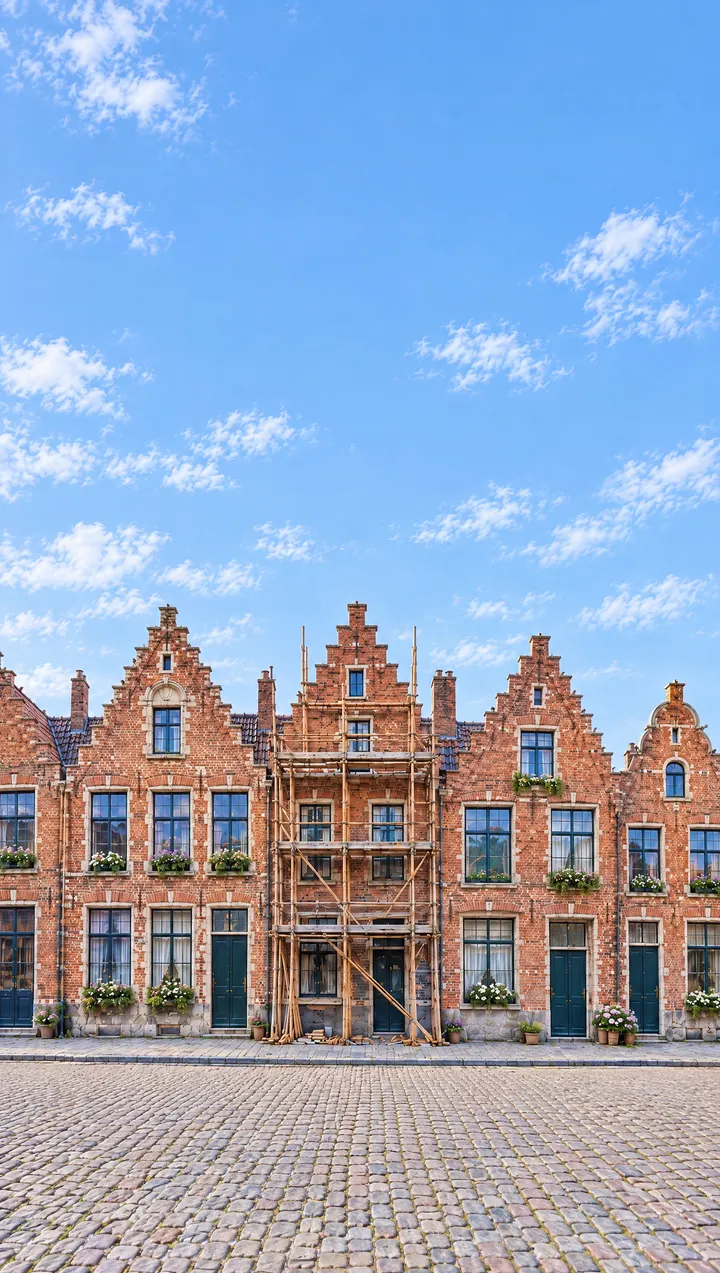 Een Vlaamse straat met trapgevels en bloembakken onder een blauwe lucht. Eén huis staat in de stelling.