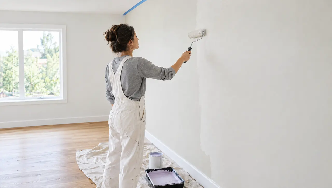 Een schilderes rolt een muur wit in een lege, lichte kamer.