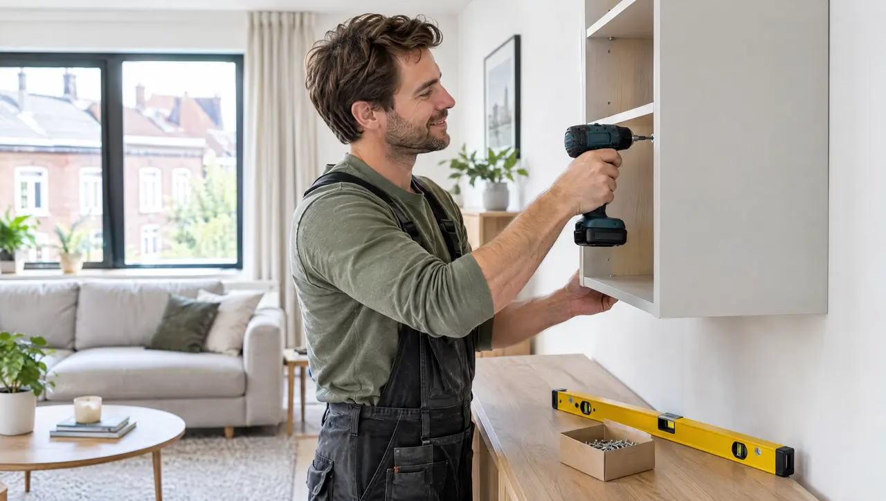 Een klusjesman boort een wandkast vast in een woonkamer.