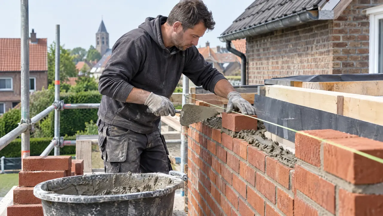 Een metser legt bakstenen op een muur, met een stelling en een kerktoren achter hem.