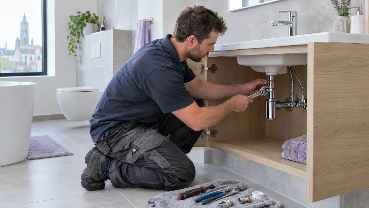 Een loodgieter herstelt de afvoer onder een lavabo in een lichte badkamer.