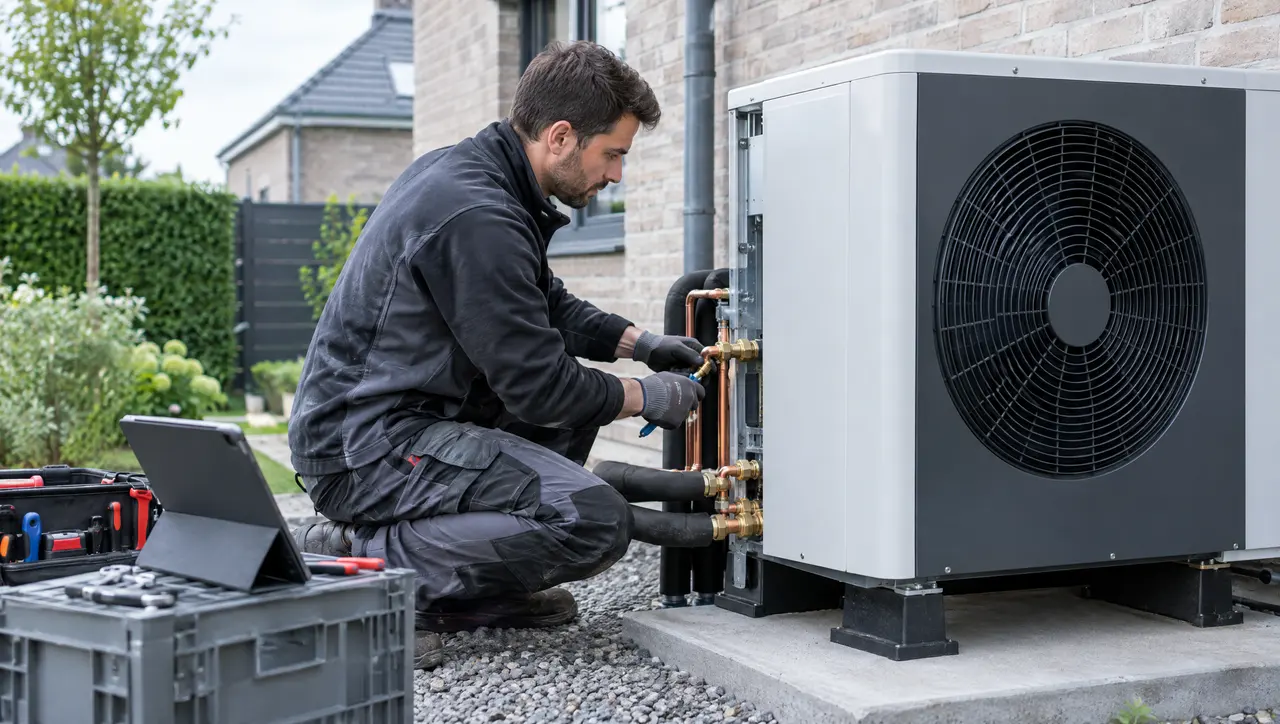 Een installateur sluit een warmtepomp aan naast een huis.