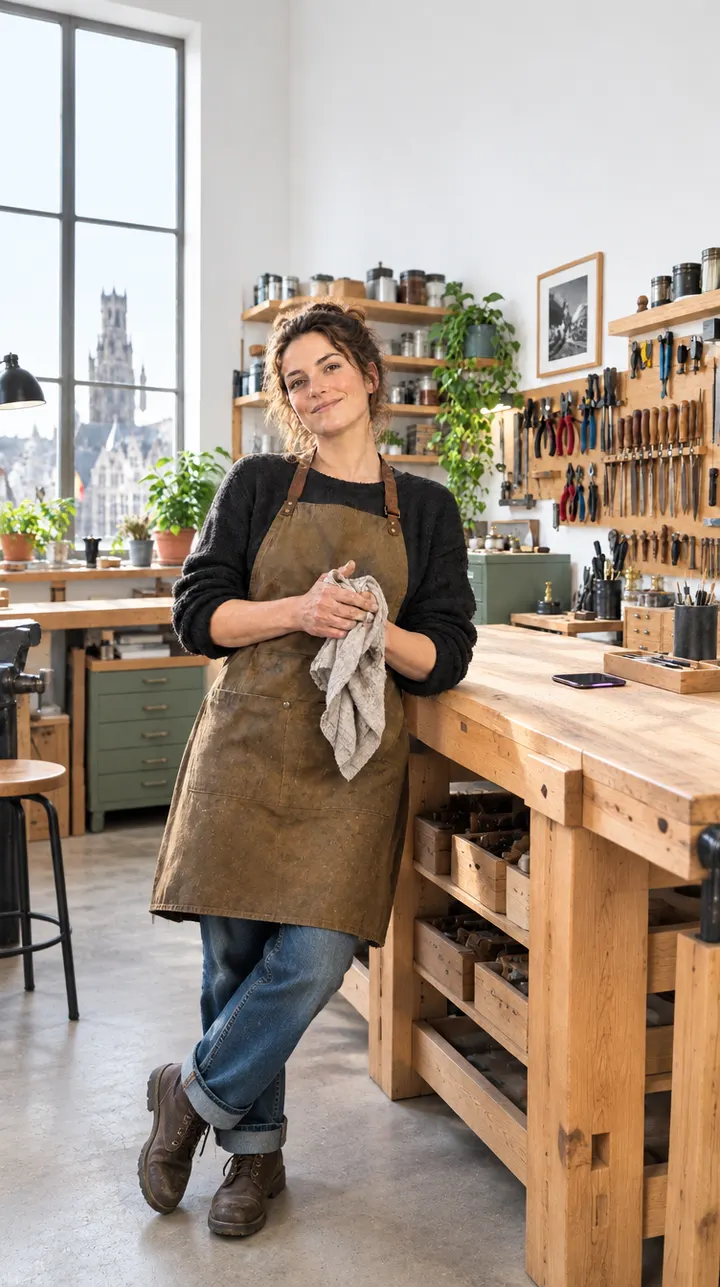 Een vakvrouw staat glimlachend in haar werkplaats, met gereedschap aan de muur.