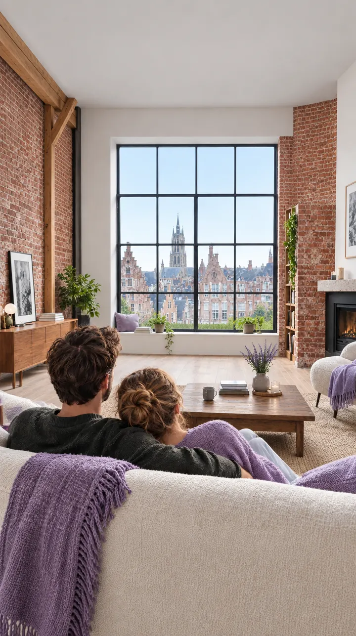 Een koppel zit in de zetel van een gerenoveerde woonkamer; door het raam de torens van een Vlaamse stad.